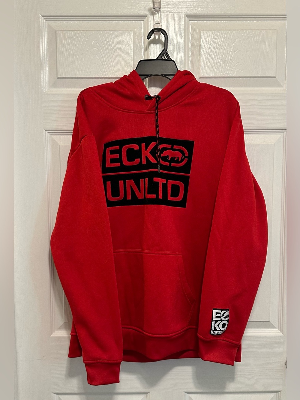Vintage Ecko Unltd Mens Red Hoodie Big Logo Rhino Fleece Pullover Size XL